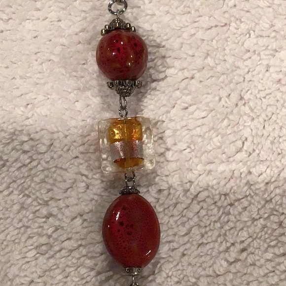 Beaded Glass Necklace Red Black Silver - Picture 6 of 10